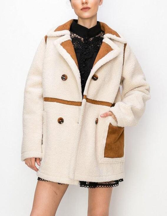 Ina Jackets & Blazers - Ina Faux Shearling Suede Double Breasted Coat Jacket Cream Ivory Brown L NWT